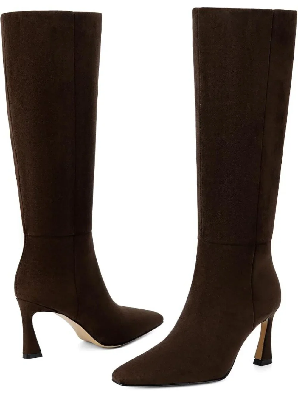 Women's Chocolate Faux Suede Square Toe Side Zipper Fashion Heeled Tall Boots
